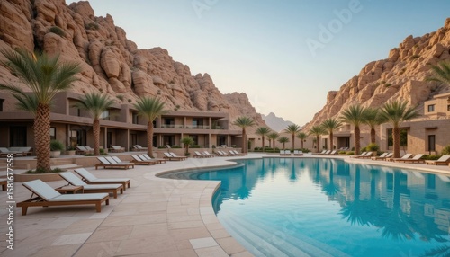A luxurious lodge in a canyon desert setting with a swimming pool. In AlUla, Saudi Arabia, there are palm palms, lounge chairs, and contemporary buildings. Holiday, vacation, destination, stone, and s