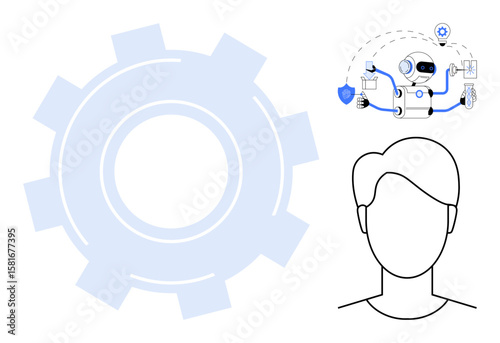 Large gear shape, robot multitasking with shield and tools, human head outline. Ideal for AI, automation, robotics, cybersecurity, innovation, technology workforce transformation simple flat