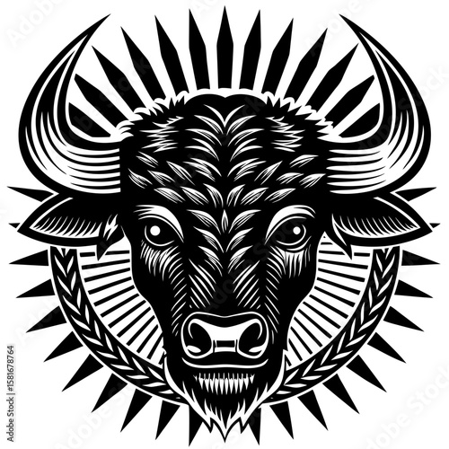Powerful bull head graphic presents a strong, stylized logo design suitable for branding, sports teams, or decorative projects with a bold, tribal inspired feel.