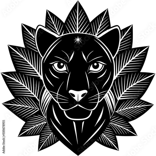 Striking black panther graphic in a stylized, geometric style with foliate details makes a great logo or creative design element.