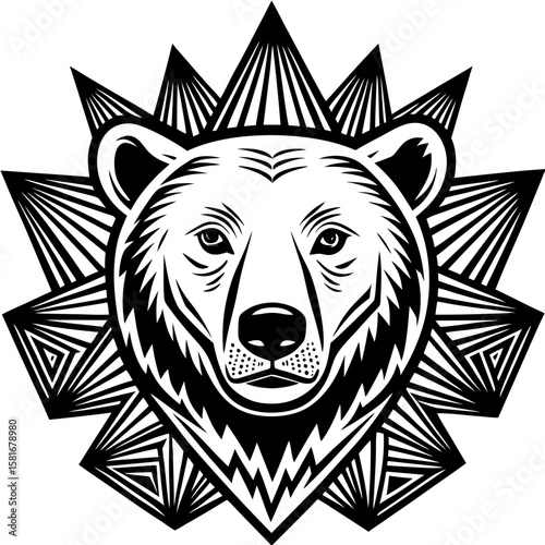 Majestic bear head graphic with a geometric burst design, excellent for wildlife themes or creating unique logos for nature brands.