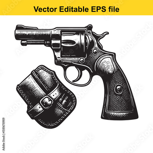 A vintage revolver gun with a leather holster isolated