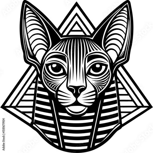 Striking graphic of an Egyptian cat deity rendered in bold lines, perfect for branding and logo design, representing ancient culture.