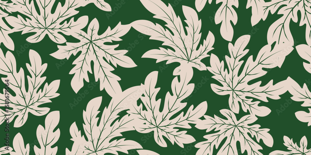 Fototapeta premium Hand drawn papaya leaves seamless pattern in white and green colors. Exotic tropical floral pattern design for fabric, wrapping, decoration and background.