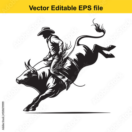 Cowboy riding a bucking bull in a rodeo