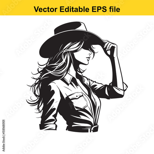 Stylish cowgirl tipping her hat in profile