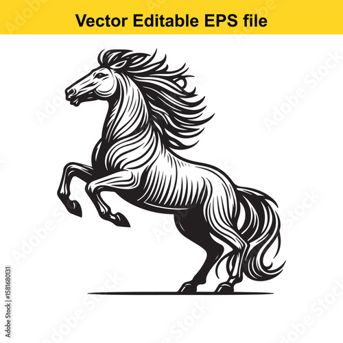Powerful stallion rearing with a flowing mane