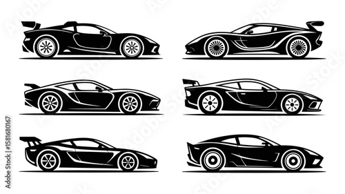 Collection of six stylized sports car silhouettes isolated on white background