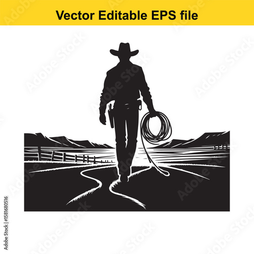 Cowboy walking on a path with a lasso