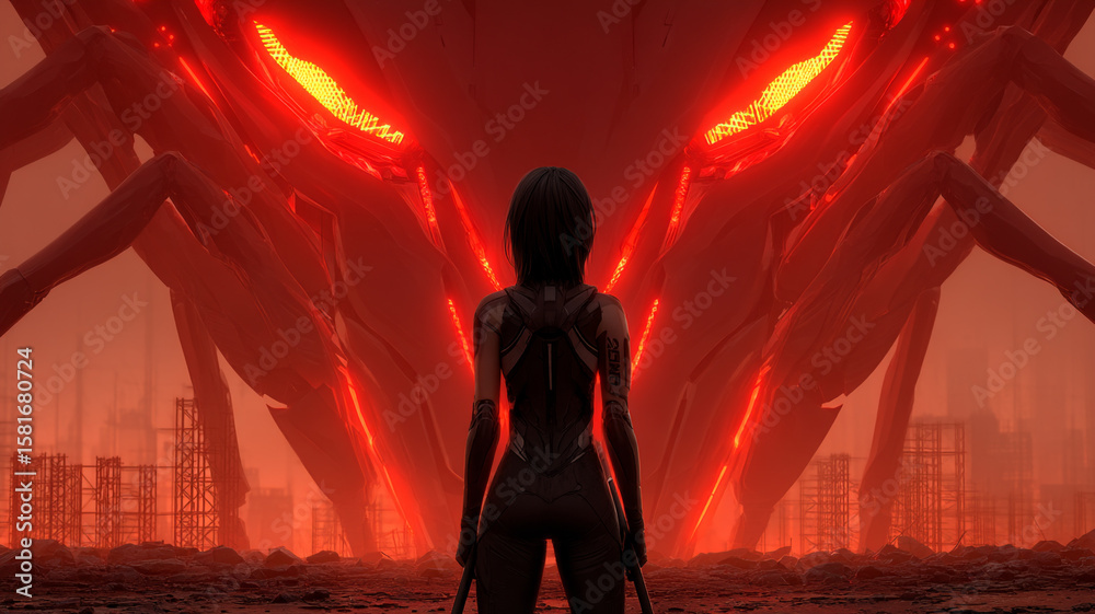 Fototapeta premium Cyberpunk Female Warrior Facing Giant Machines