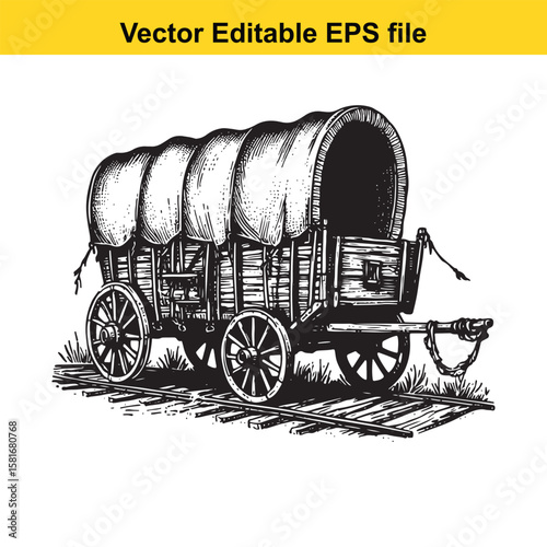 Vintage covered wagon on railroad tracks isolated on white background
