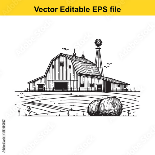 Farm barn with windmill and hay bales in a field