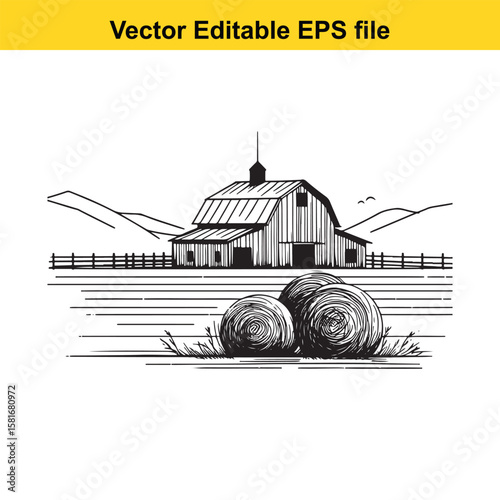 Farm barn with hay bales and distant mountains