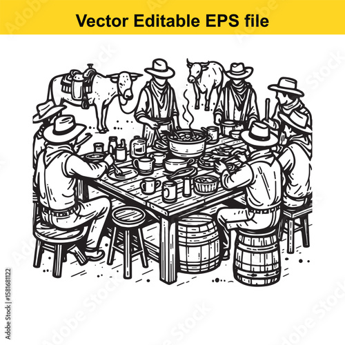 Cowboys gather for a hearty meal at a rustic table