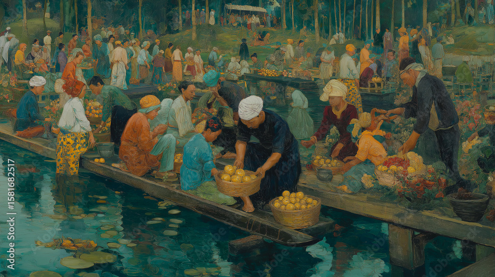 Fototapeta premium Colorful Floating Market with Boats Full of Fresh Produce