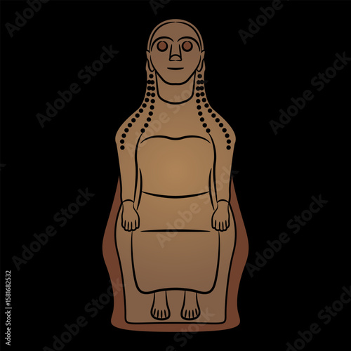Seated archaic Ancient Greek goddess. Ethnic female figurine. Monochrome silhouette.