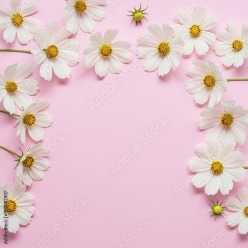 White Cosmos Flowers on Pink Background Spring Bloom 1