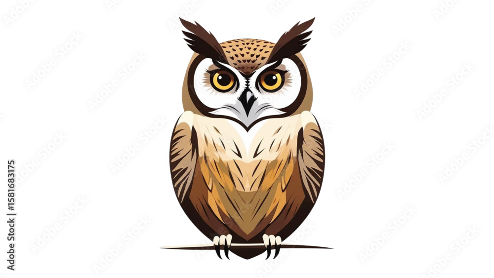 Naklejka premium A stylized vector illustration of an owl perched on a branch, featuring detailed feathers, bold lines, and a striking facial expression.