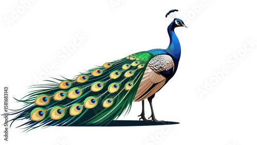 Detailed vector illustration of a peacock standing proudly with its vibrant and colorful tail feathers fully displayed.