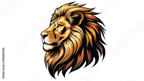 A bold and highly detailed vector illustration of a lion's head in profile, featuring flowing mane lines and realistic shading in golden tones.