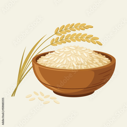 A wooden bowl filled with white rice and stalks of wheat on a light background