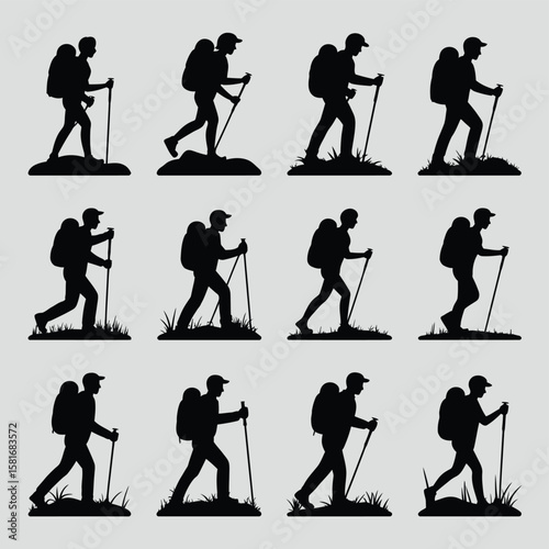 Collection of twelve silhouette hikers with backpacks and trekking poles in various poses