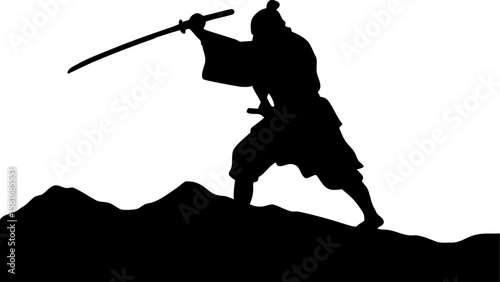Silhouette of a samurai warrior wielding a katana on a mountain range with a white background view scene