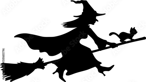Silhouette of a witch with a pointy hat flying on a broomstick with a black cat on halloween night