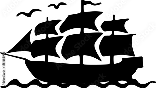 Silhouette of a sailing ship with multiple sails on wavy water and birds flying above the ship mast