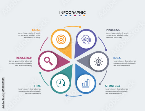 Fresh Colorful Infographic multipurpose Template with Six Rainbow circle items on white background with icons and descriptions. Multipurpose infochart cycle template