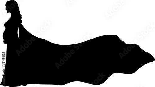 Silhouette of a pregnant woman in a long flowing dress standing sideways with her hands on her belly