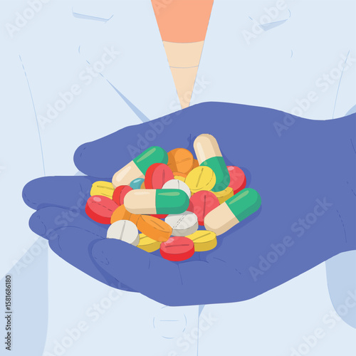 Close up of a gloved hand holding a colorful assortment of pills and capsules