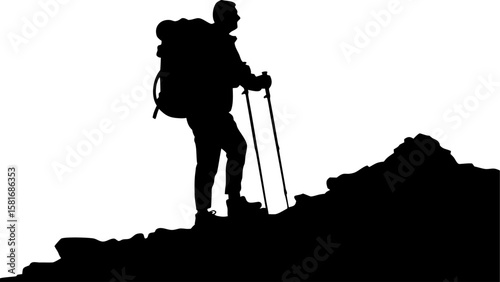 Silhouette of a hiker with a backpack climbing a rocky hill using trekking poles for support and balance