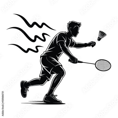 Dynamic silhouette of a male badminton player in action hitting a shuttlecock