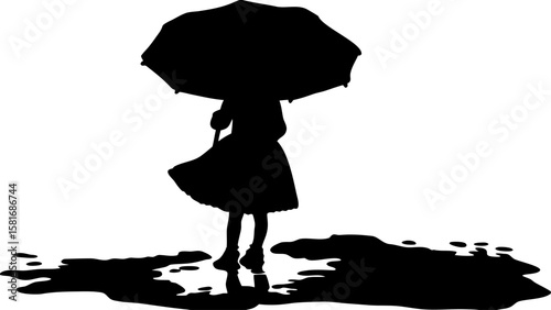 Silhouette of a girl in a dress holding an umbrella standing in puddles on a white background rain weather 100