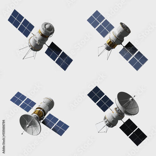 Four different types of communication satellites with solar panels and dishes
