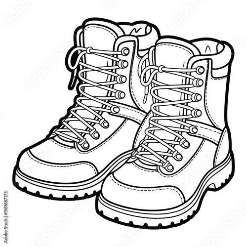 Pair of black and white outline style hiking boots with laces
