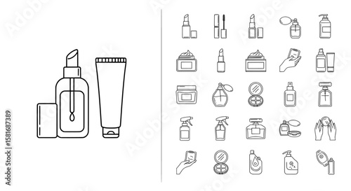 Line art illustrations of cosmetic products for beauty and personal care on transparent background , no background