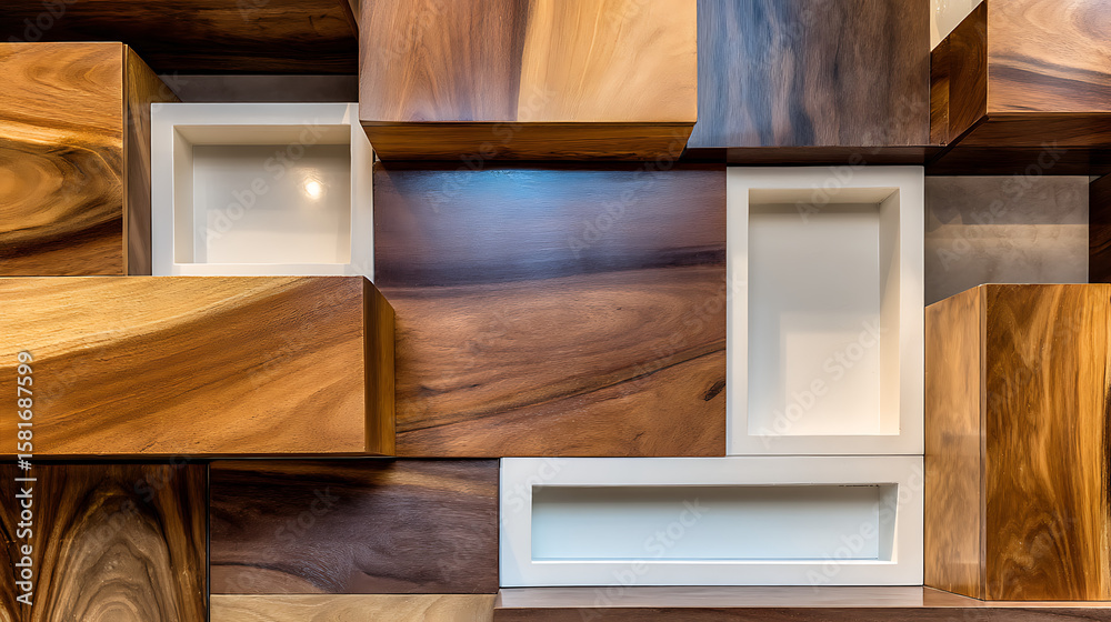 A wooden wall with white boxes and shelves A wooden wall with white boxes and shelves