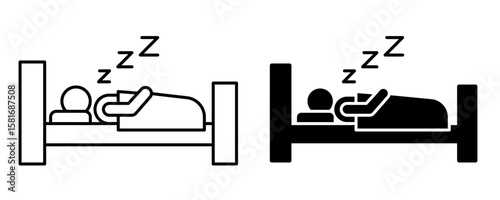 Sleep people icon set. Person in bed. Hotel flat icon. Sleeping shelter sign. Healthy lifestyle symbol. Vector Illustration.