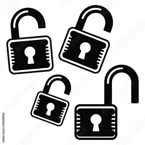 Four open padlock icons in black and white on a white background