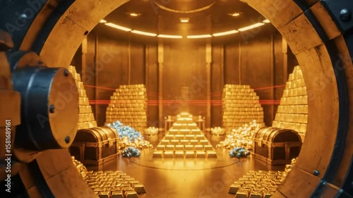 Bank vault door opening, revealing gold bars and treasure chests