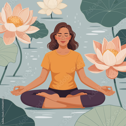 Woman meditating peacefully in a lotus pond surrounded by blooming water lilies