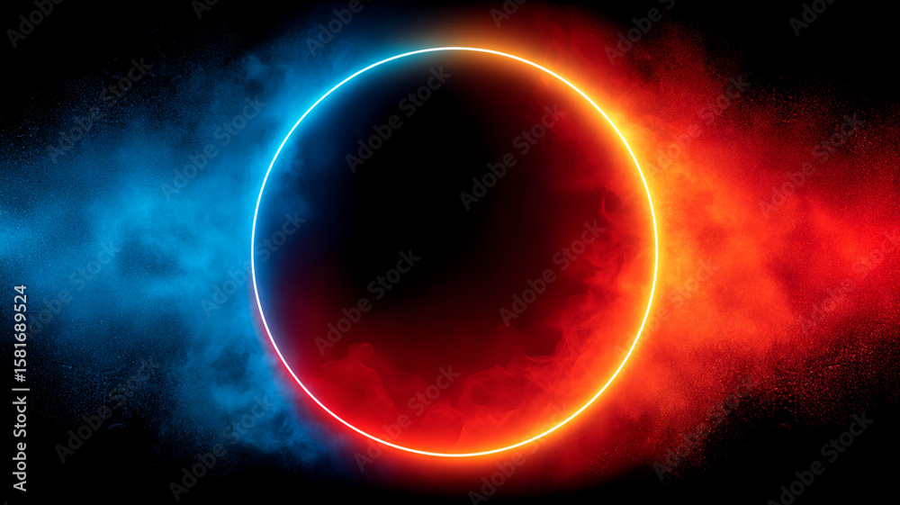 Fototapeta premium Neon Circle Frame with Red and Blue Smoke
