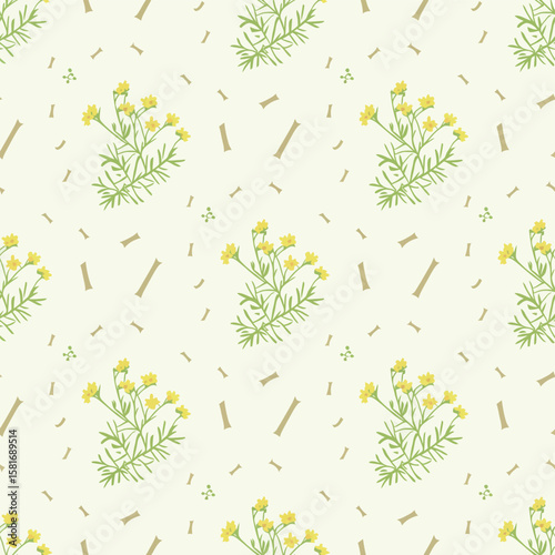 Seamless pattern of delicate yellow wildflowers with green foliage on a pale background