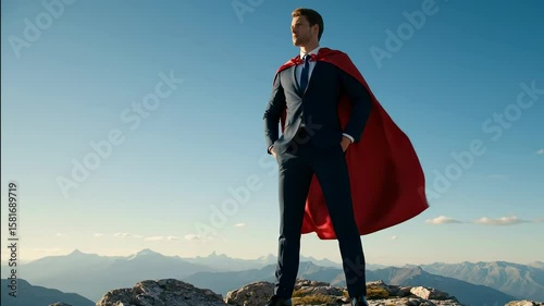 Superhero businessman standing on mountain top with red cape