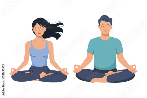 Young Man and Woman in Meditation Pose – Vector Clip Art 