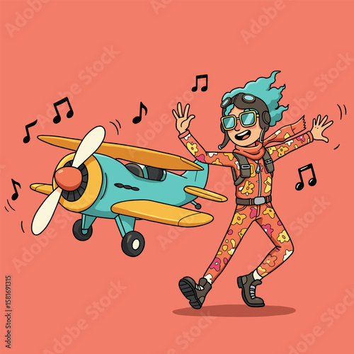 Dancing cartoon aviator in a floral outfit and red scarf grooves beside a colorful toy airplane with floating musical notes on a coral background.