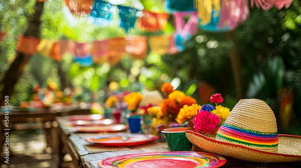 Naklejka premium A Cinco de Mayo celebration with sombreros, pi±atas, and music filling the air, creating a festive outdoor atmosphere .