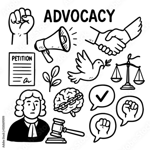 Advocacy and Justice Hand-Drawn Icon Set: Featuring Symbols of Law, Peace, Protest, and Rights such as Scales, Megaphone, Fist, Judge, Petition, and Dove.